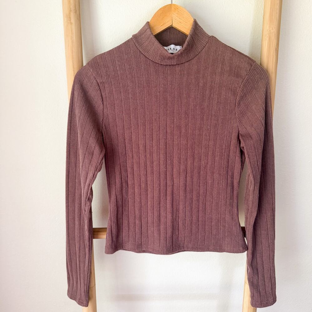 Gilli Brown Ribbed Mock Neck Long Sleeve Stretch Knit Top Medium